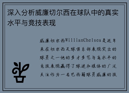 深入分析威廉切尔西在球队中的真实水平与竞技表现
